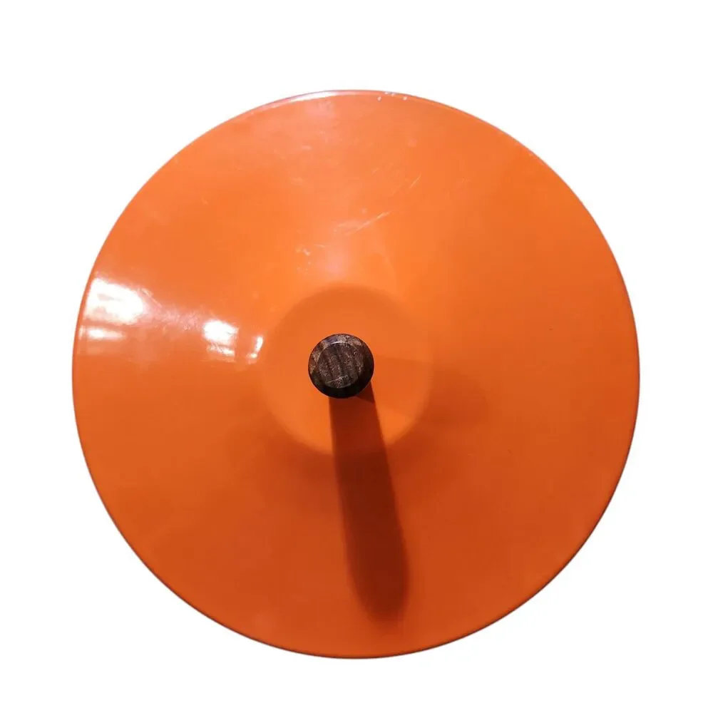 Vintage Enamel Pan and Lid Orange w/ White Flowers Wood Handles Made in Japan